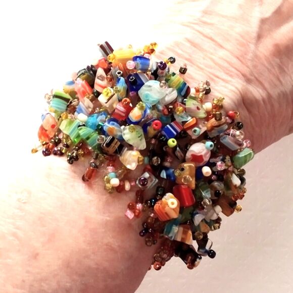 Boho Inspired Multi Color Glass Chip and Seed Bead Woven Bracelet - Picture 5 of 5